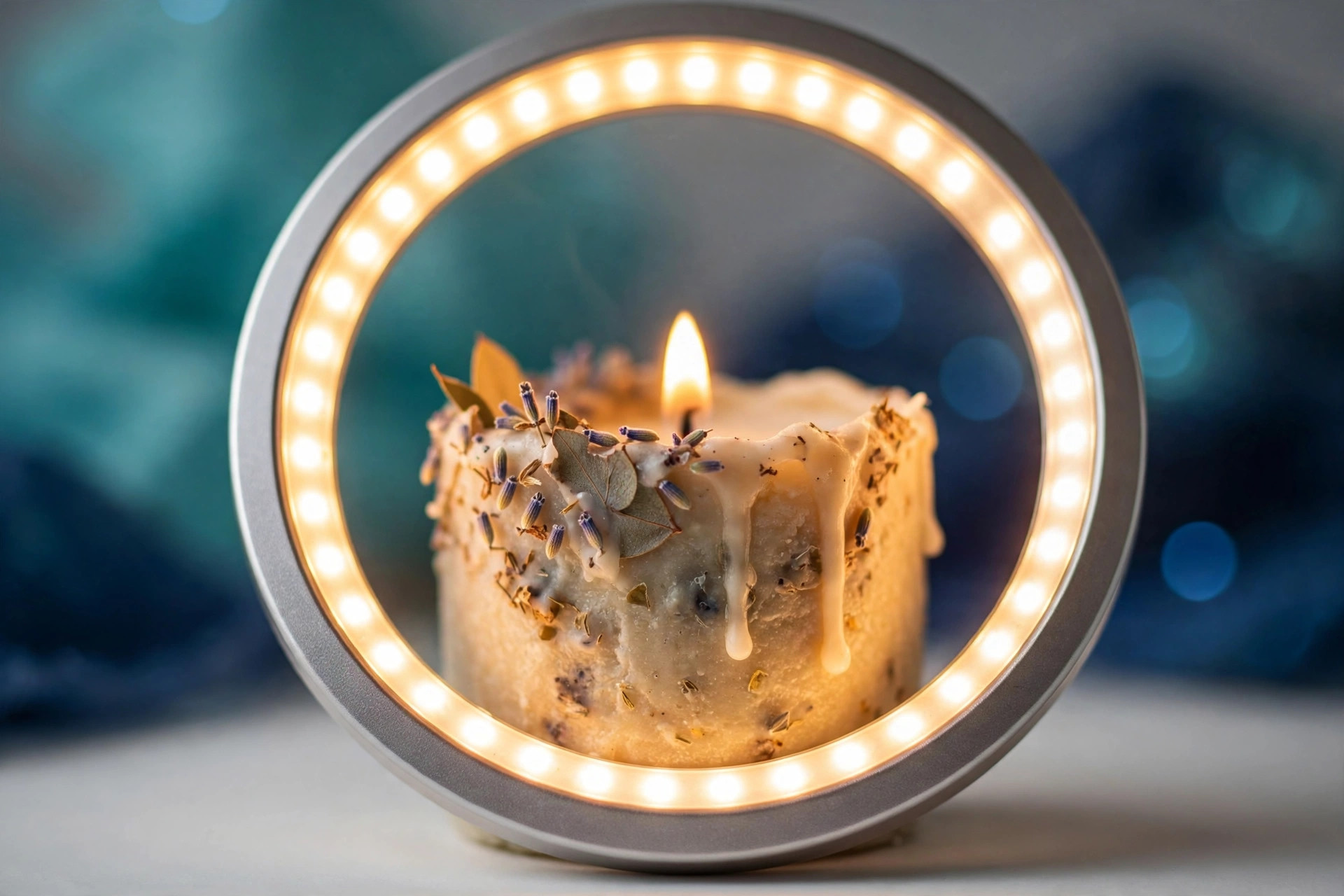 Ring light illuminating a handmade candle for product photography