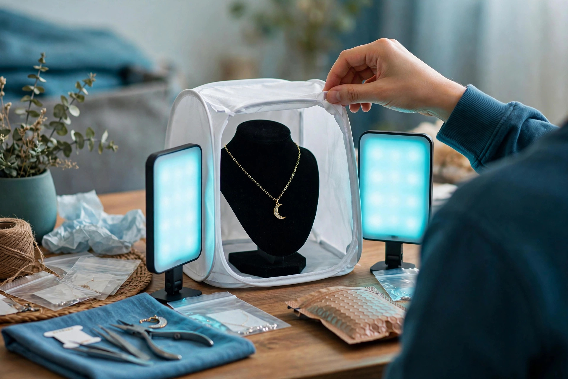 Hands adjusting a photo light tent with jewelry inside for product photos